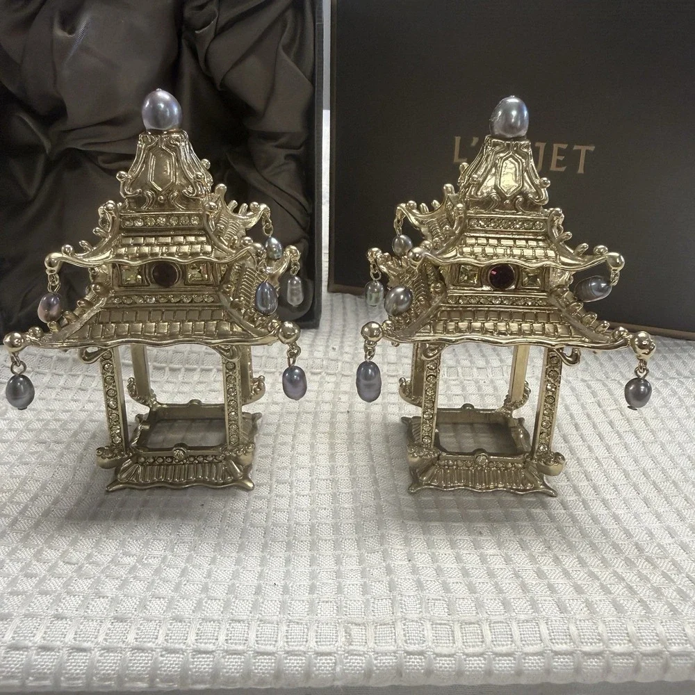 Set 2 L'Objet Pagoda Napkin Jewels Rings Holders 24K Gold Plated Crystals Pearls